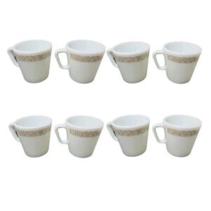 Vintage 8 Pyrex Coffee Cups White‎ Woodland Brown Flower Milk Glass Corning Ware
